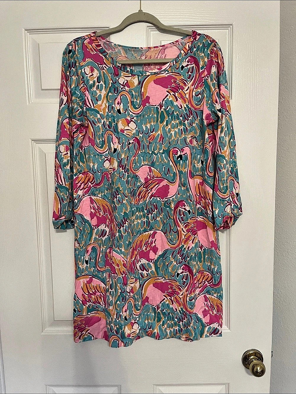 Lilly Pulitzer Dress Flamingo Print Pink & Blue Large Like New